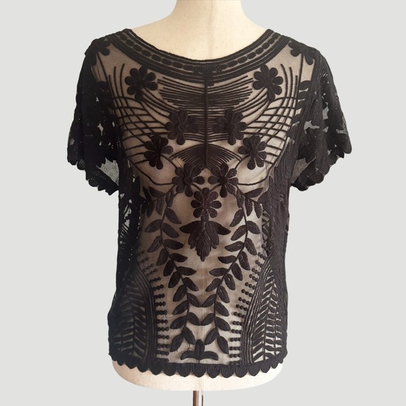 Express Black Sheer Floral Embroidered Mesh Top Sz Large Whimsigoth Witchy Goth - Picture 3 of 6